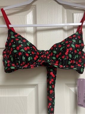 wild fable Black Cherry Print Bikini Top with Red Straps and Green Leaves